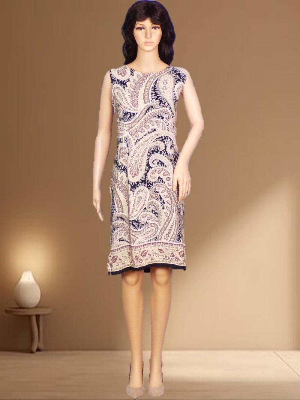 SILK! RAFAELLA SIZE 12 brown/beige/black/ivory paisley sleeveless sheath dress